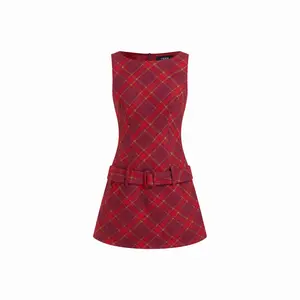Cider Cotton-blend Round Neckline Tartan Mini Dress With Belt