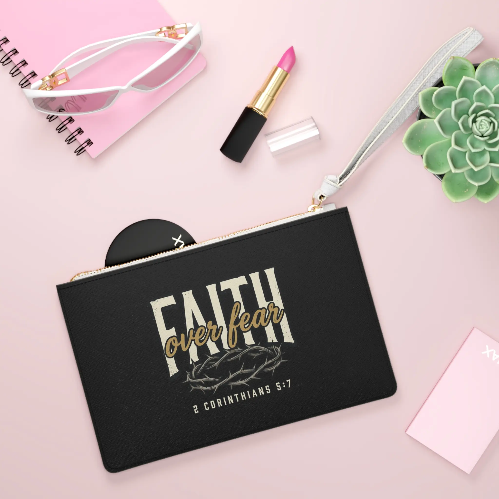 Faith Over Fear clutch bag | 2 Corinthians 5:7 scripture wristlet