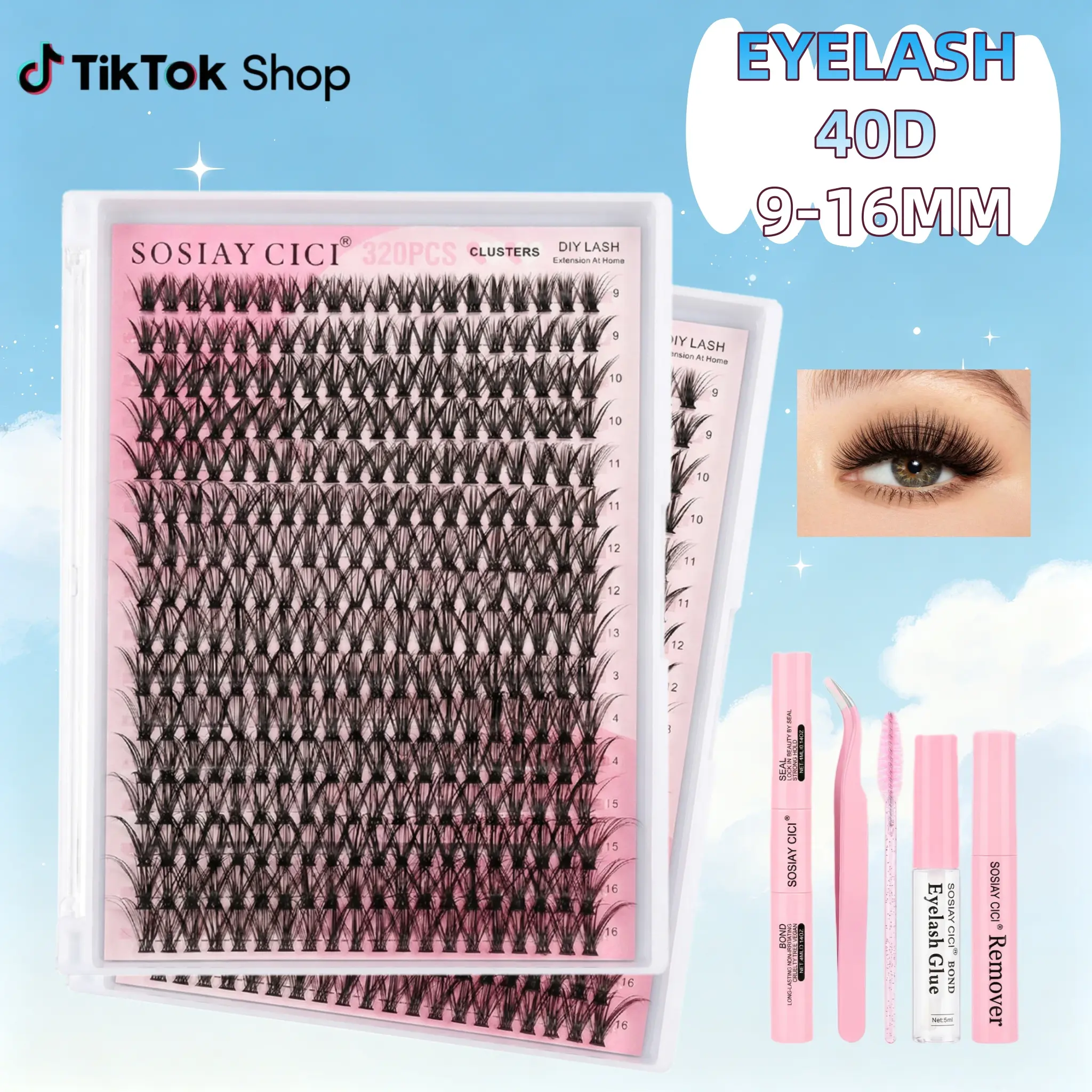 DIY Lash Extension Kit 40D(320PCS)/80+100D(280PCS) Lash Clusters Eyelash Extension Kit with Lash Bond & Seal,Lash Remover, Lash Tweezers, 9-16MM Wispy Lash Clusters Kit D Curl Individualashes Kit Eyelash Clusters Beginner-friendly at Home
