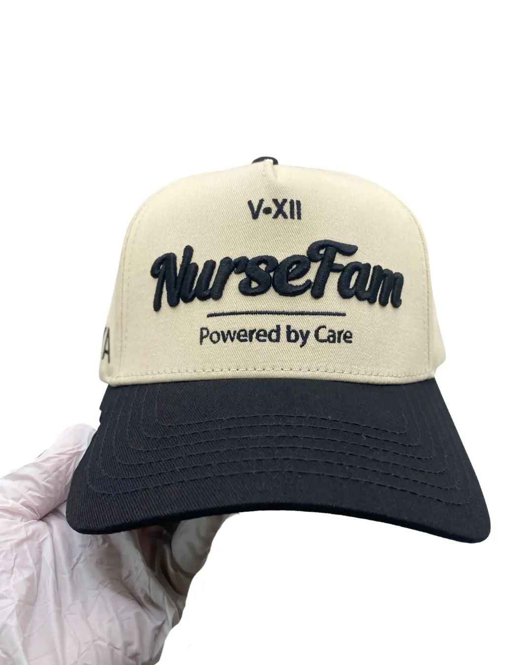 NurseFam Baseball Cap - Cream/Black, Premium Cotton, Adjustable Snapback, Embroidered Logo, Perfect Gift for Nurses and Nursing Students
