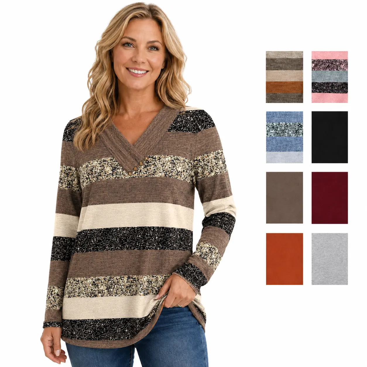 Wiholl Fashion Long Sleeve Shirts for Women Fall Outfits V Neck T Shirts Button Down Tunic Tops Fashion Clothing