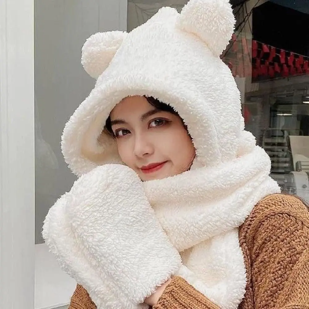 3-in-1 Bear Ear Plush Beanie Set - Plush Polyester, 56-58cm Head Circumference, Ear Protection, Warm Fleece Scarf, Gloves, Earmuffs for Adults' Women's Clothes, Female Autumn Cold Weather Toy Accessory