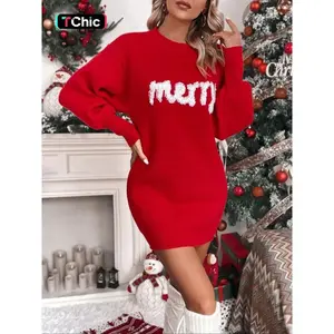 Women'sChristmasLetterPrintDropShoulderSweaterDress,CasualLongSleeveRoundNeckJumperDress?forDailyOutdoorWear,WomenKnitwearforFall&Winter