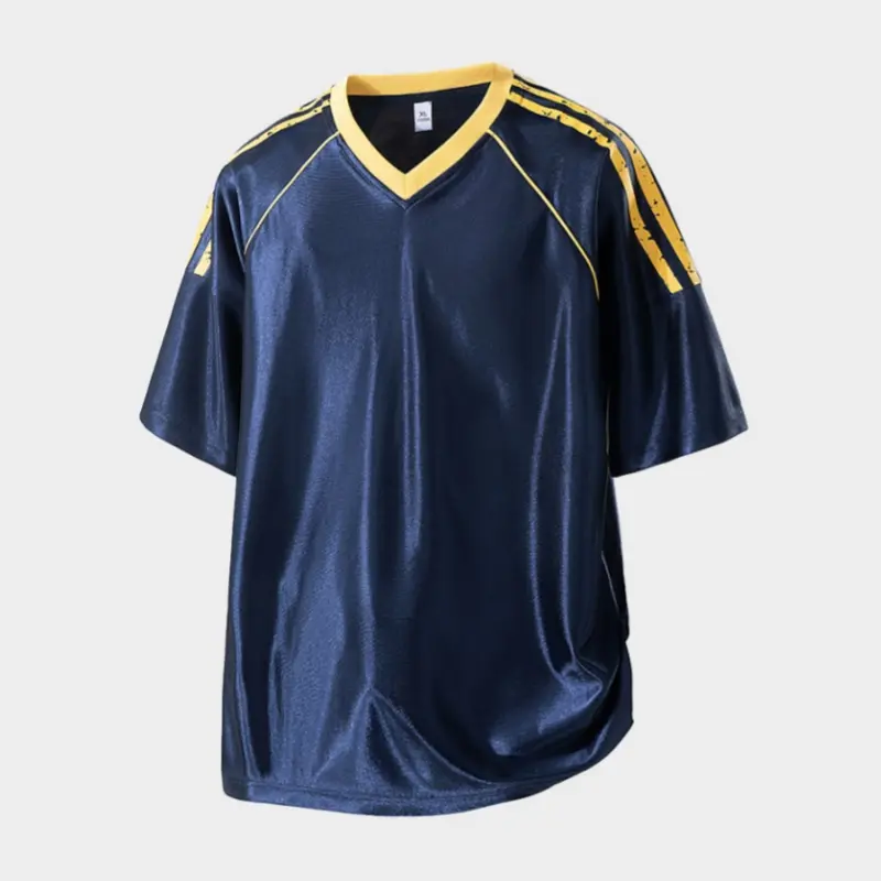 Men's V Neck Short Sleeve Sports Jersey, Contrast Trim Collar Three Vertical Stripe Sleeve Detail Breathable Smooth Fabric Standard Silhouette Athletic Top For Training Running Gym Daily Outdoor Activities # SummerWins