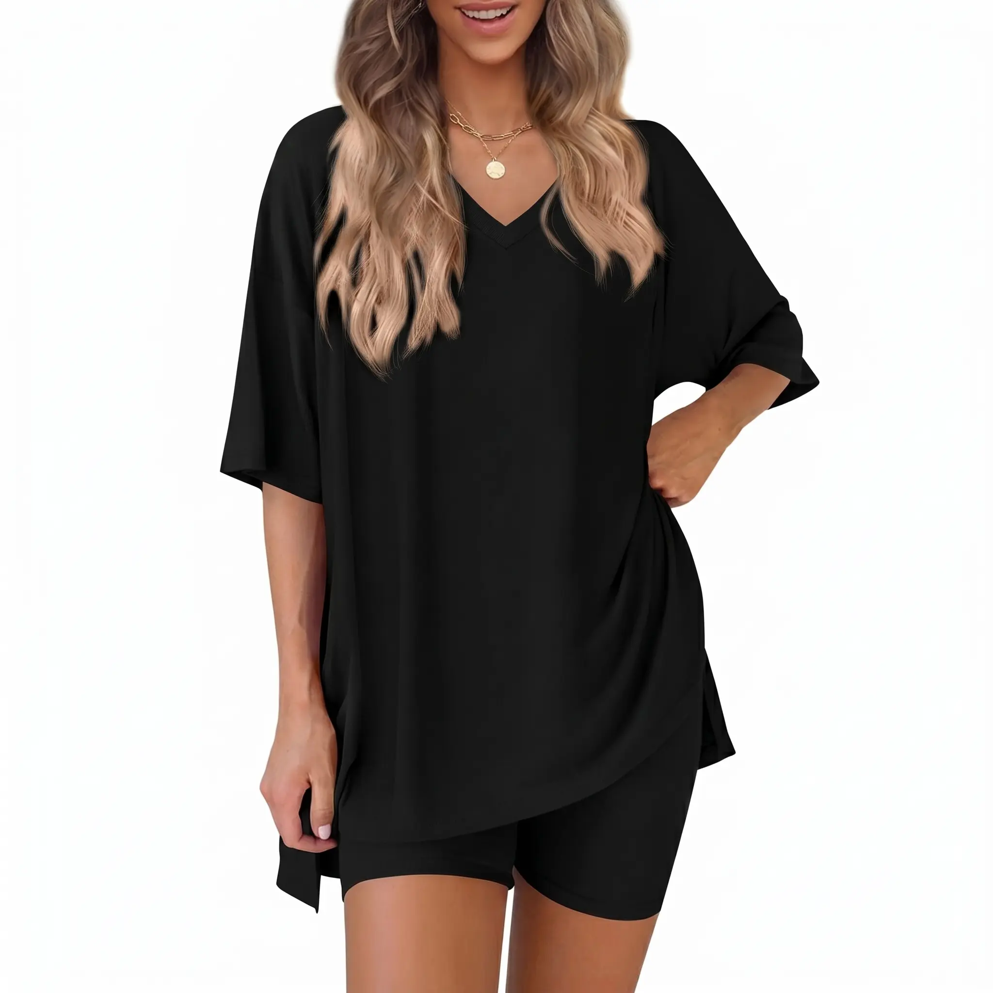 Women's 2-Piece Casual Loungewear Set: Summer Loose-fitting V-neck Short-sleeved Slit Top and High-waisted Shorts Sports Set