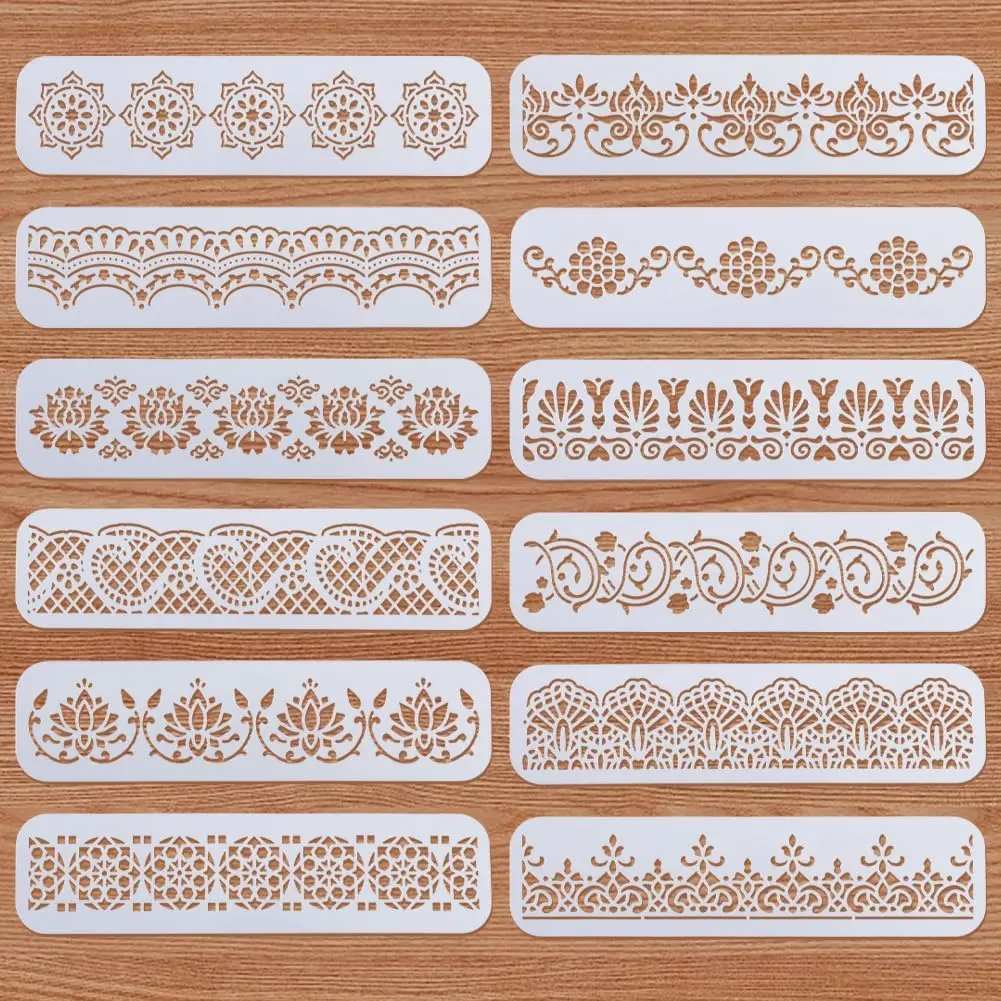 12 count Flower Border Stencil, Ornate Mandala Border PET Stencil Template for Wall Painting, Hollowed Out Floral Edge Painting Stencils for DIY Wall  Canvas Drawing, 11.8x3 inch
