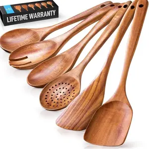 Kitchen 6-Piece Wooden Spoons for Cooking Smooth Finish Teak Wood Utensils Soft Comfort Grip Non-Stick Easy to Clean Heat Resistant Scratch-Free Set
