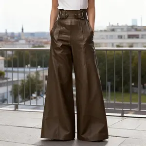 Women's Faux Leather Pants PU High Waist Wide Leg Pants with Pockets Pleated Going Out Flare Trousers
