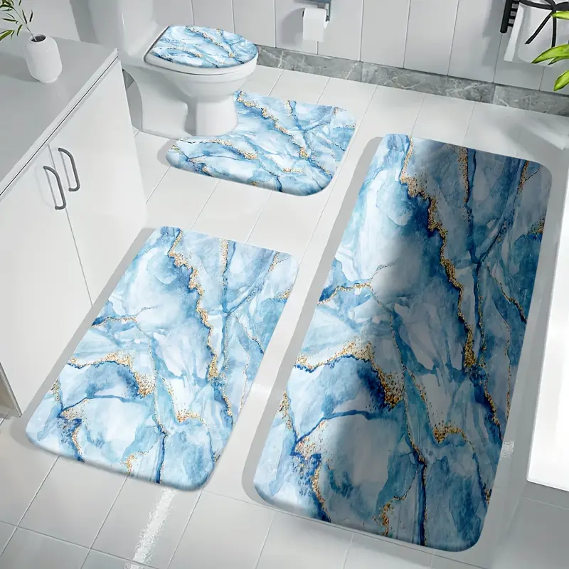 4pcs Bathroom Non-Slip Mat Set, Luxurious Blue Marble Pattern Shower Curtain Four-Piece Set - Golden Glitter Embellishment, Elegant Bathroom Decoration, Enhance Bathroom Experience, Comfortable Toilet U-Shaped Mat, Toilet Lid Cover