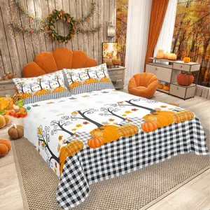 Pumpkin Fall Sheet,Kids Boys Girls Bedroom/Wooden Cottage Decor,Black White Plaid Bedding,Autumn Harvest Maple Rustic Farmhouse Bed Sheet Set,(Fitted Sheet + Flat Sheet )