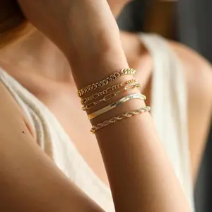Gold Bracelets for Women, 14K Real Gold Dainty Bracelets Set for Women Trendy, Waterproof Stackable Bracelets for Women Inclued Beaded, Cuban, Paperclip, Snake, Rope, Figaro, Mirror, Satellite