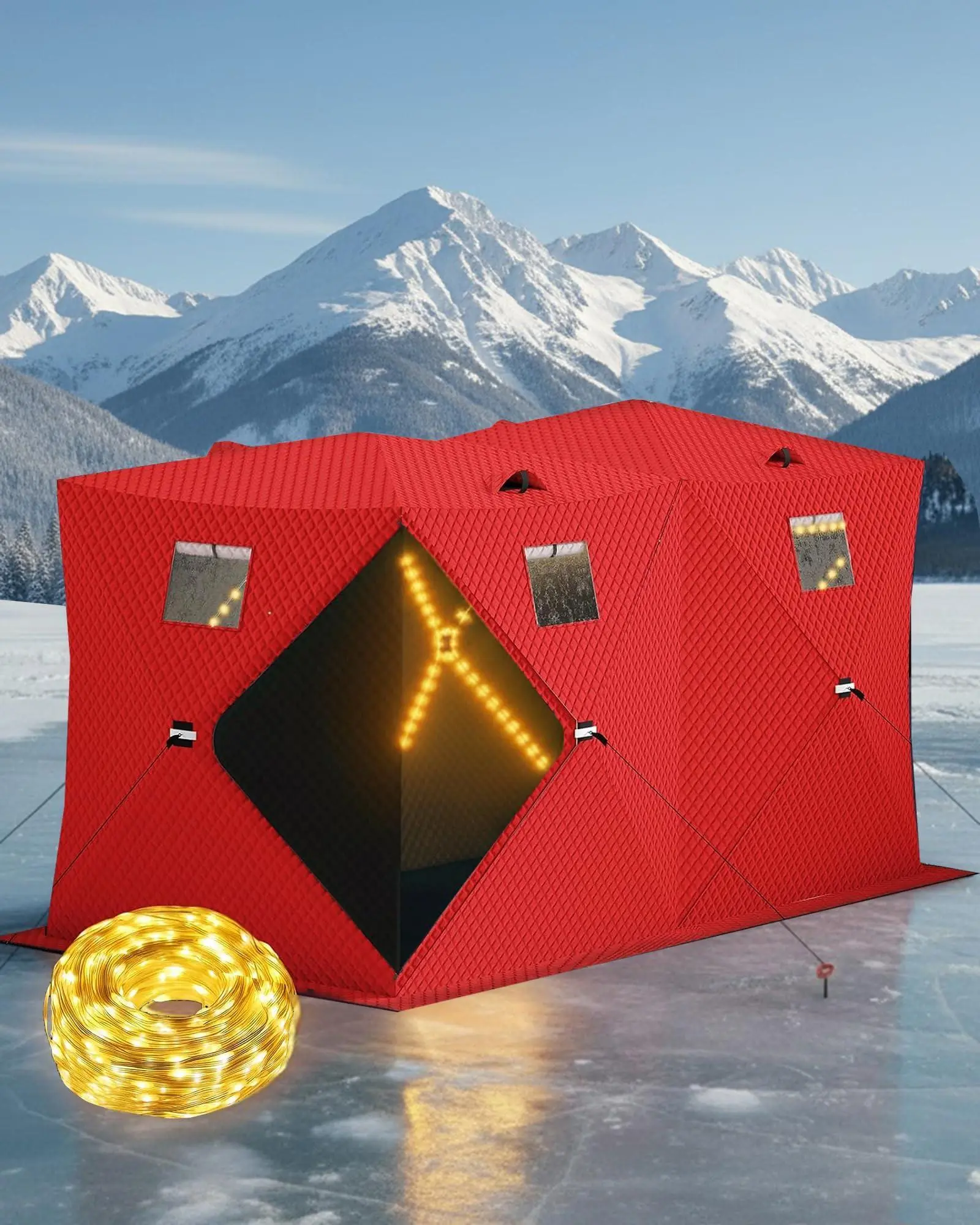 Pop Up Ice Fishing Shelter and Insulated Ice Fishing Tent with 49ft LED Light Strip, Windproof Portable Hub Design, Fits 1-8 People, 25-69 sq ft Fishable Area, Red