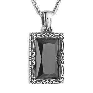 HZMAN Black Obsidian Necklace for Men Women Stainless Steel Retro Square Natural Gemstone Relieve Anxiety Pendant Jewelry Gift