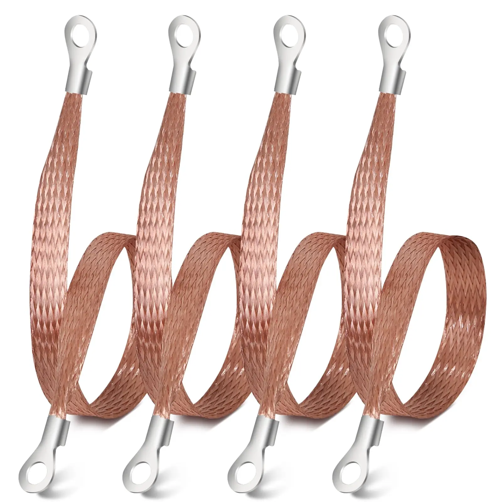 4pcs 12-in Tinned Copper Flat Braid Universal Automotive Ground Straps - High Conductivity Wiring with Terminal Plugs, Corrosion-Resistant, Low Resistance, High Temp Resistant for Engine Body, Transformers, Machinery