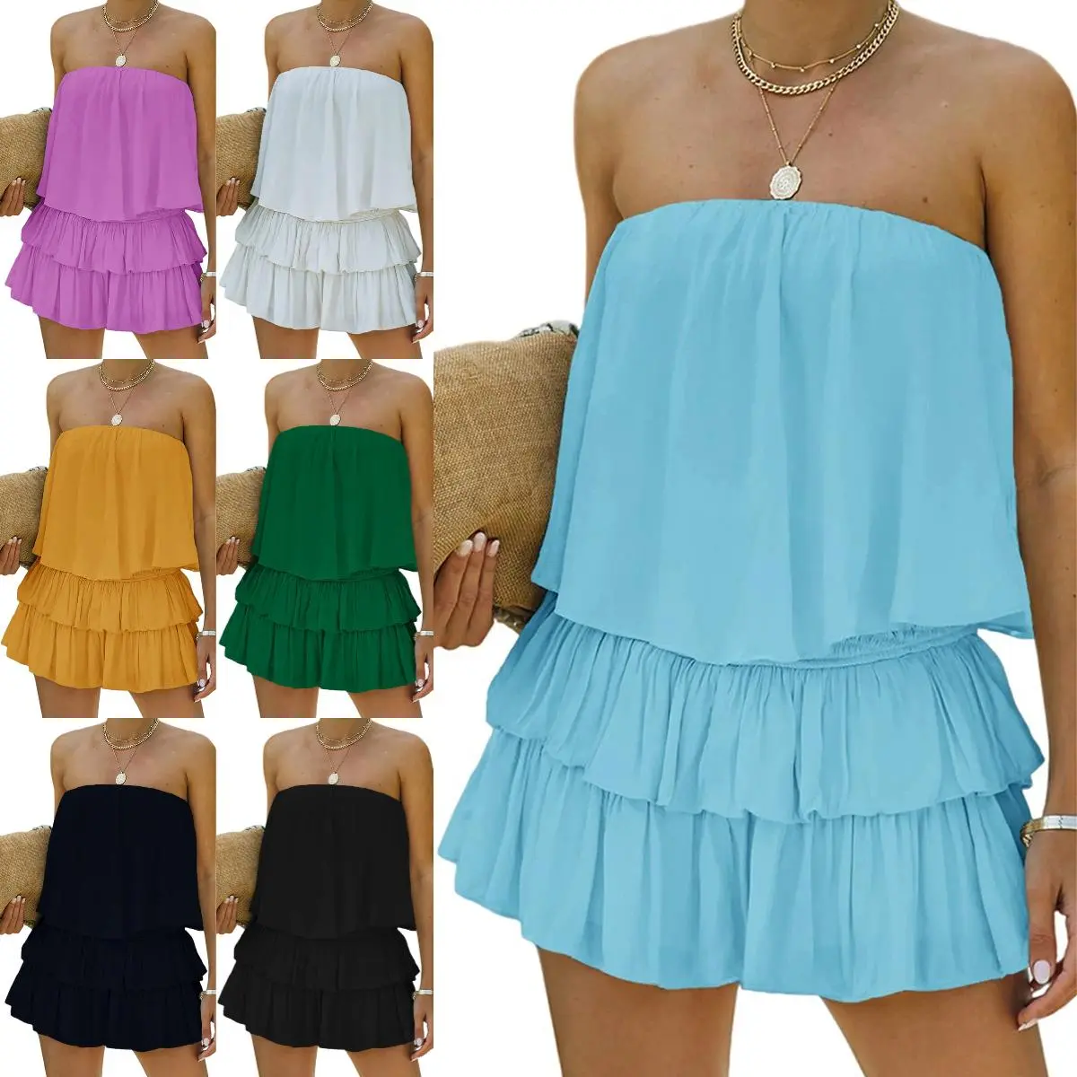 LAICIGO Womens Summer Elegant Cute Off The Shoulder Rompers Cozy Flowy Sexy Strapless Smocked Jumpsuit Playsuits Dress