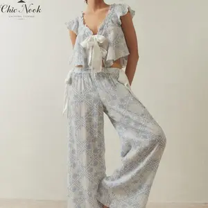 Women Tie Up Pajamas Lounge Set Y2k Floral Tops and Wide-Leg Pants 2 Piece Loungewear Outfits