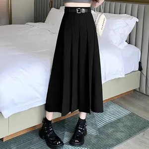2025 Women Vintage Solid Color JK Long Skirts Girls Elegant Comfortable Leisure Dress Female Sweet A Line Zipper Pleated Skirts