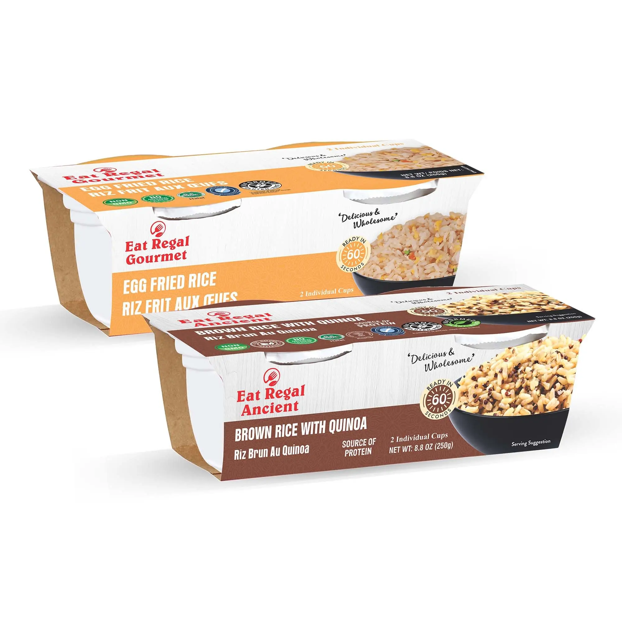 Eat Regal Ready-to-Eat Rice Cups Variety Pack – Brown Rice with Quinoa & Egg Fried Rice | High Protein, Ready in 1 Minute| Gluten-Free, Non-GMO | 8.8 oz (2x125g) Cups, Pack of 12