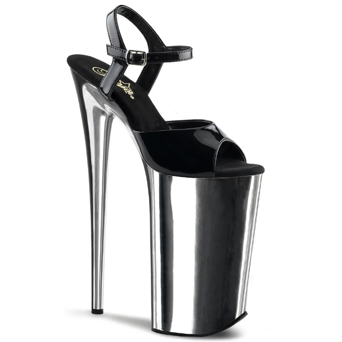 Pleaser Women's BEYOND-009 Patent Leather Heels, 10 in Extreme Stiletto with a Metallic Platform and Ankle Strap, Black/Silver Chrome