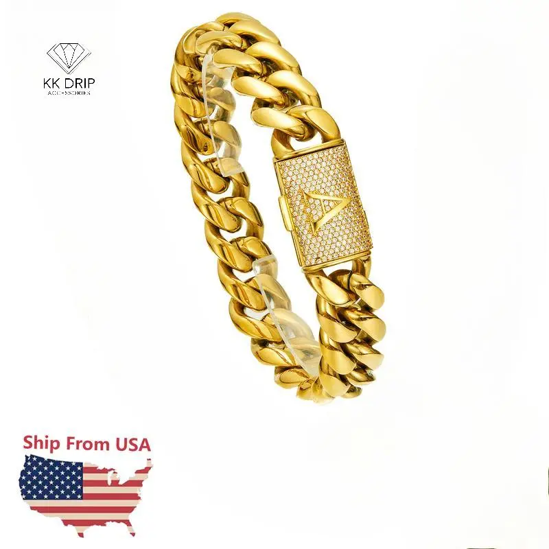 KK Drip Accessories Initial Letter A-Z Cuban Link 14MM Bracelet 18K Gold Plated gold Stainless Steel Miami Thick Buckle Bracelet Hip Hop Jewelry 7.5in 8.5in, Bracelets,summerwins