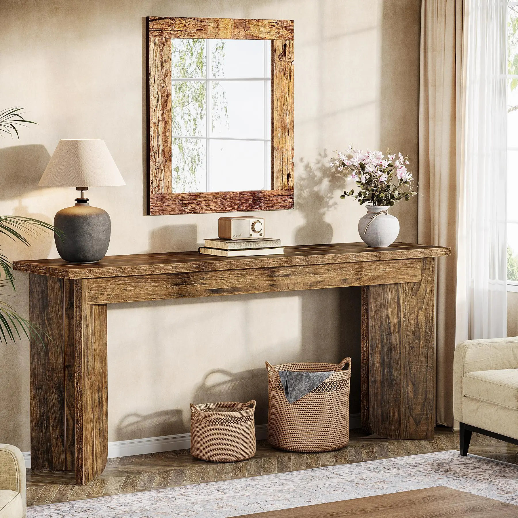 TRIBEWOOD 70.9-Inch Farmhouse Console Table, Wooden Extra Long Entryway Piece with Widened Tabletop & Sturdy Double Pedestal for Hallway, Living Room (Console Table Entryway), Entryway Table