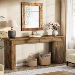 TRIBEWOOD 70.9-Inch Sofa Console Table, Wooden Extra Long Entryway Table with Widened Tabletop, Farmhouse Console Behind Couch with Sturdy Double Pedestal for Hallway, Living Room