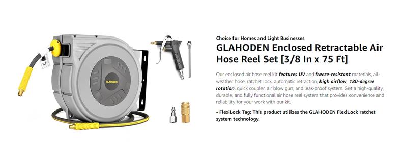 GLAHODEN Upgraded Retractable Air Hose Reel,MAX 3/8IN x 100FT Hybrid Air Hose Max 300PSl, AirCompressor Hose Reel Auto-Rewind with 6.6 FTLead in, Ceiling/Wall Mount Enclosed Pp Reel &Built-in 180° Swivel Bracket，TikTokShopBlackFriday