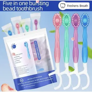 【26PCS】5 in 1 Mini Brushes-Disposable Toothbrushes with Toothpaste + Floss + Pick + Tongue Scraper | Travel Size | Individually Wrapped | Soft | Mint | Travel Set