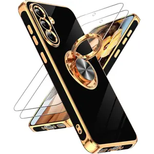 LeYi for Galaxy A36-5G Case: with 2 Pack Tempered Glass Screen Protector and 360° Rotatable Ring Holder Magnetic Kickstand, Plating Rose Gold Edge for A 36 5G Case, Black
