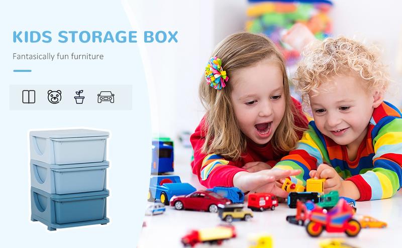 Qaba 3 Tier Kids Storage Unit with 3-9 Drawers Chest Toy Organizer Plastic Bins for Kids Bedroom Nursery Living Room for Boys Girls Toddlers