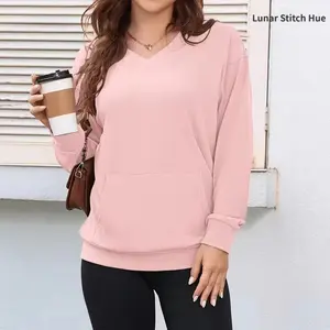 Women Hoodless V Neck sweatshirts With Kangaroo Pocket Fleece Long Sleeve loose Casual Style Shirt