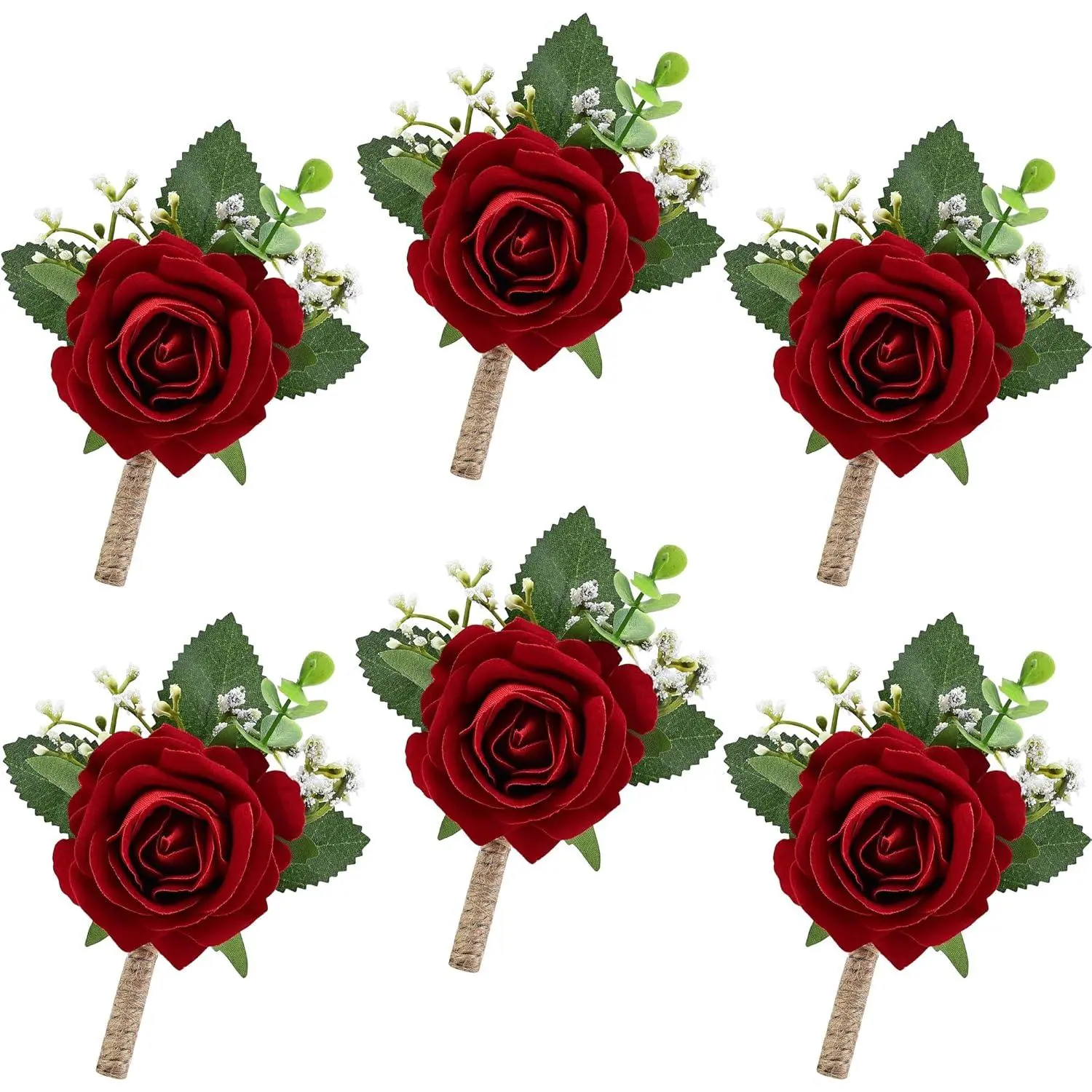 6-Piece Artificial Roses Boutonniere Set, Red Formal Look Decor for Groom & Groomsmen, Ideal for Wedding, Homecoming Formal Events, Wedding Party