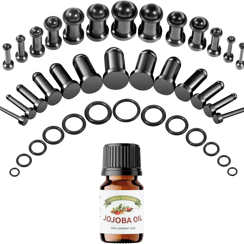 Stainless Steel Ear Stretching Kit (12-26Pcs) - 1-7mm/7.5-12mm Stretching Ear Plugs with O-Rings, Jojoba Oil Aftercare, Large Gauges Tunnels for Adult Body Piercing Jewelry, Ear Gauge Tunnels