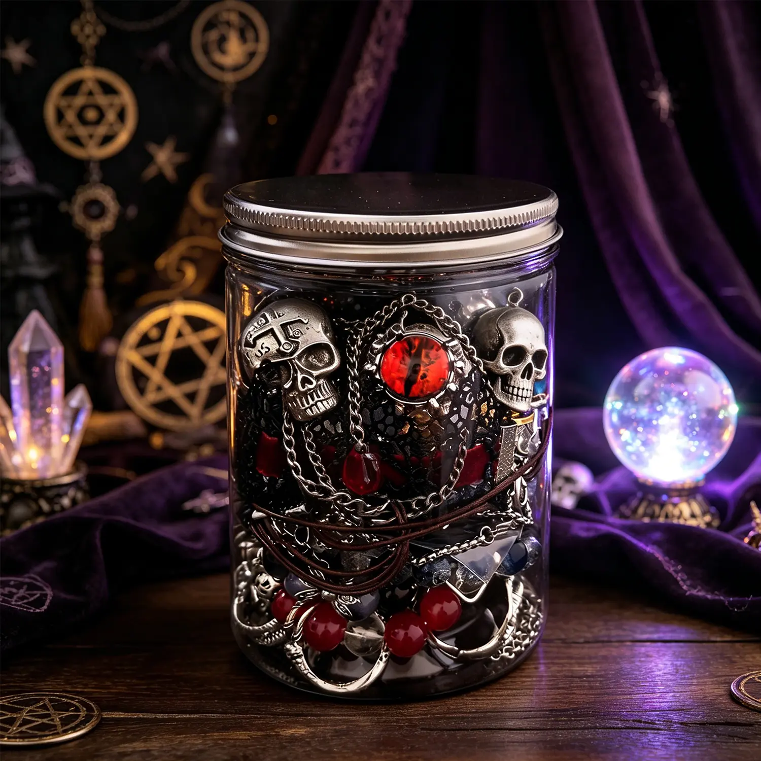 Dark Gothic Witch Antique Leather Jewelry Canister Boxes - 30+Pcs Set with Adjustable Surprise Accessories: Necklace, Earring, Ring, Bracelet, Waist Chain, Hair Clip