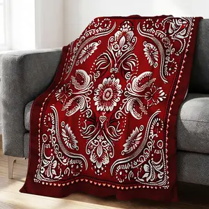 [Vintage Paisley Throw Blanket] Classic Red Paisley Flannel Blanket,  Soft & Cozy Decorative Throw for Couch, Bed, Camping, Travel & Office, Premium Warmth Blanket for Home Decor & Gift Giving