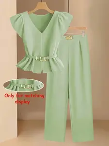 Women's Solid Color V-Neck Short Sleeve Shirt Blouse with Pants Elegant Set (no Belt Included), Stylish Casual Wear, Perfect for Daily