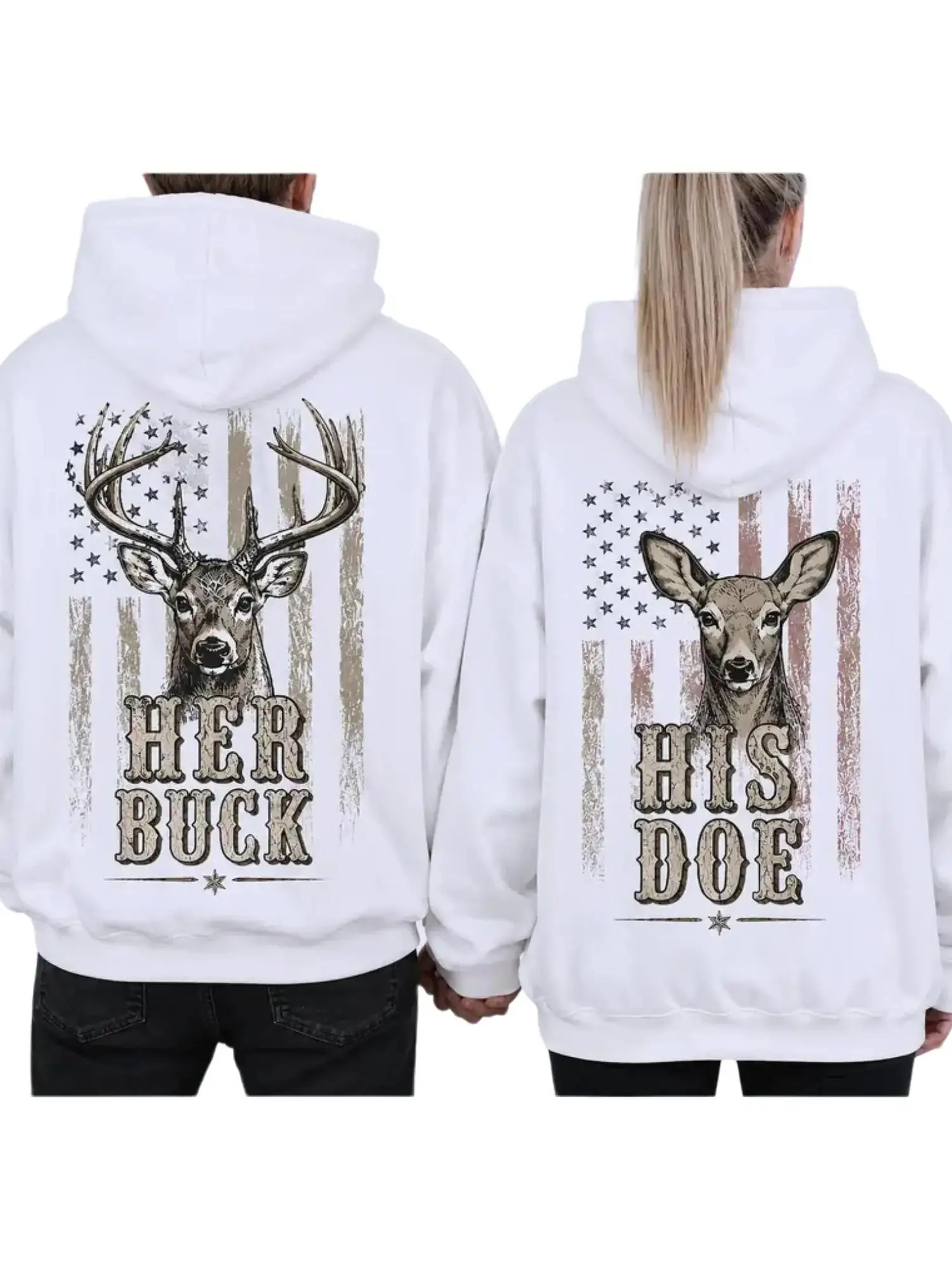 Women's Casual Fleece Hooded Pullover Sweatshirt - Her Buck His Doe Deer Hunting Couple Matching, Trendy Partner Gift for Men's Pair