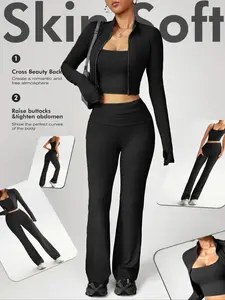 Women's Yoga Exercise Set, Casual Sexy Outdoor Running U-Back Top, Comfortable Tight-Fitting Long Pants, High Neck Sleeveless Jacket, Fitted Design Activewear, Sporty Style Outfits, Sweatsuit Set, Sportswear All Seasons, Outdoor Fitness Activewear