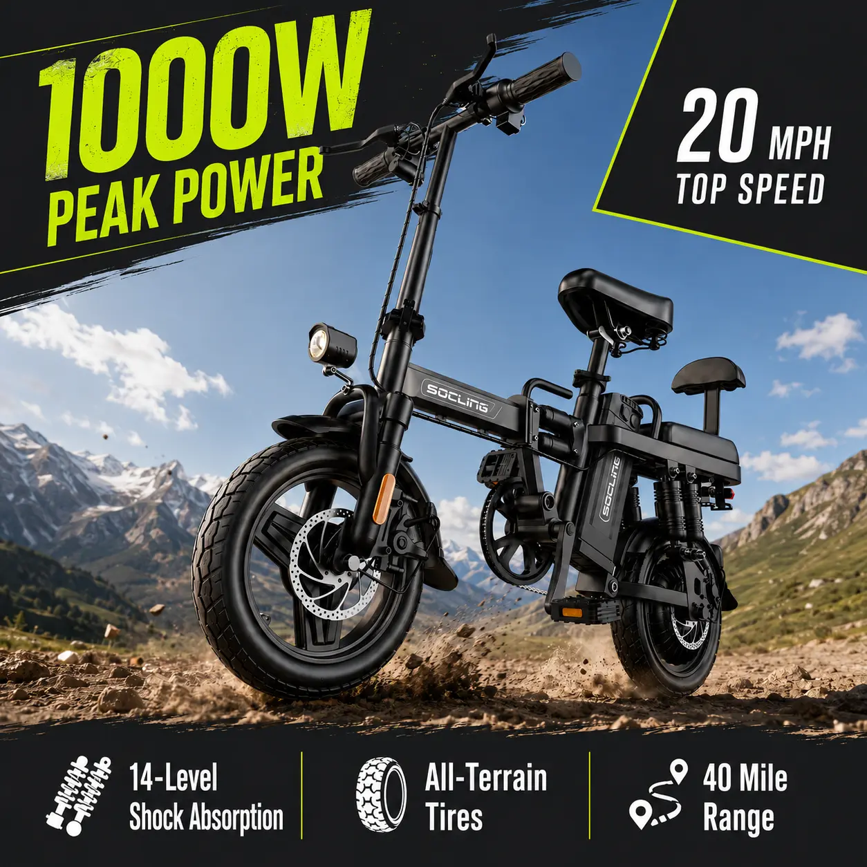 Adult Folding Electric Bike - 1000W Peak Motor, 20MPH, 40 Mi PAS Range, 14" Wheels, 48V Removable Battery, 330 lbs Capacity, UL2849 Certified, Camping Essential (Sports & Outdoor Cycling Equipment)