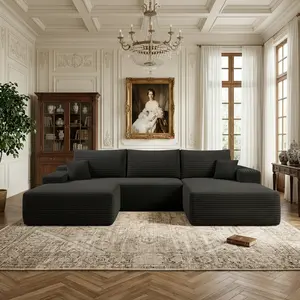 【3 Packages Shipping】Eyisean 107" W U Shaped Boneless Sectional Couch with Lounge Chaise & Ottoman, No Assembly Required, Plush Corduroy Modular Sectional Sofa with Flexible Configuration, Cozy Upholstered Cloud Couch for Living Room, Bedroom, Apartment