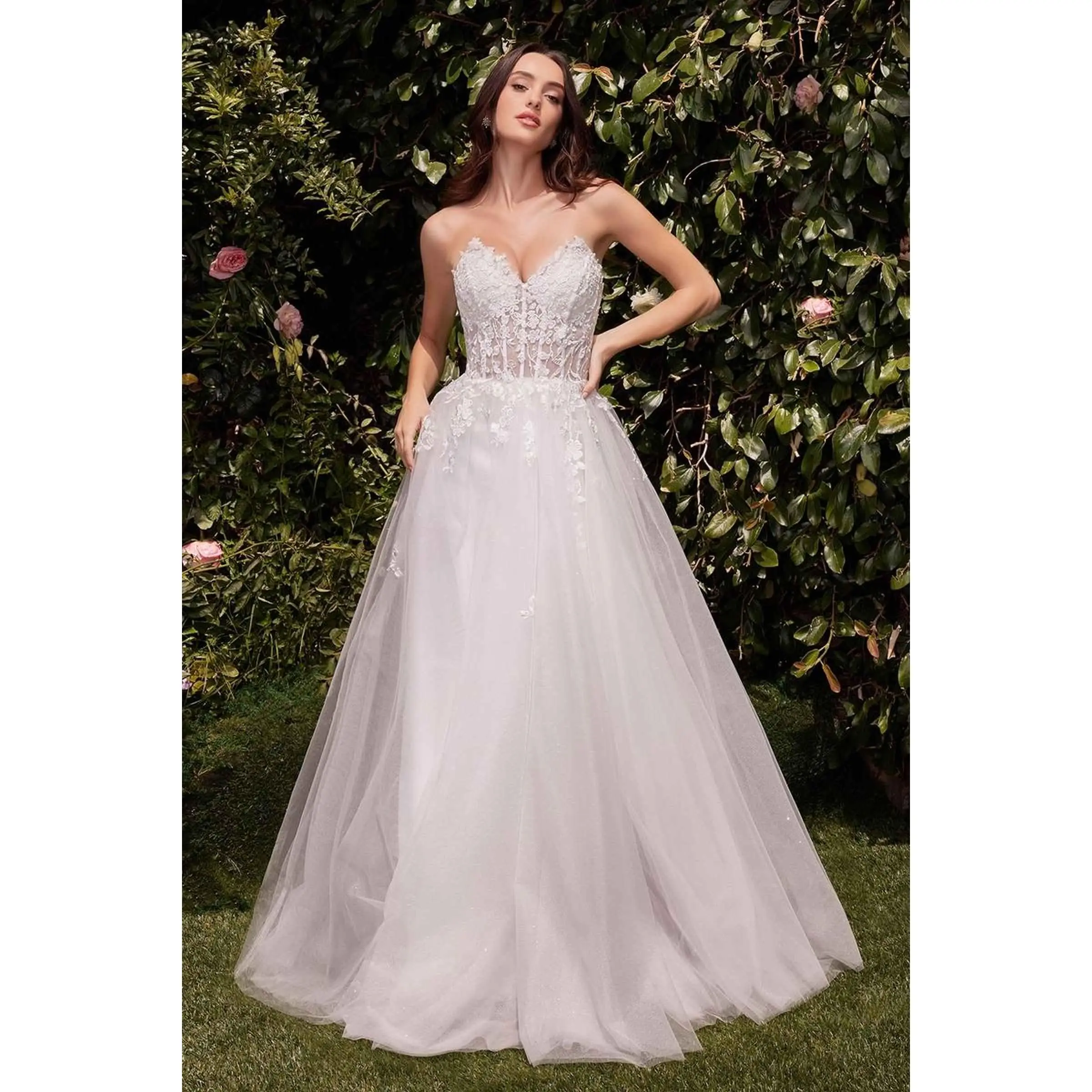 Ladivine Women's A-Line Bridal Gown | Strapless Lace Bodice, Glitter Tulle Skirt & Corset Back for a Custom Fit, Formal, Fabric, Soft, Elegant, Beads, Sleeveless, V-Neck, Tiered Layer, All Seasons, Customizable, Floor-Length, Junior Sizes, Layered, Zipper