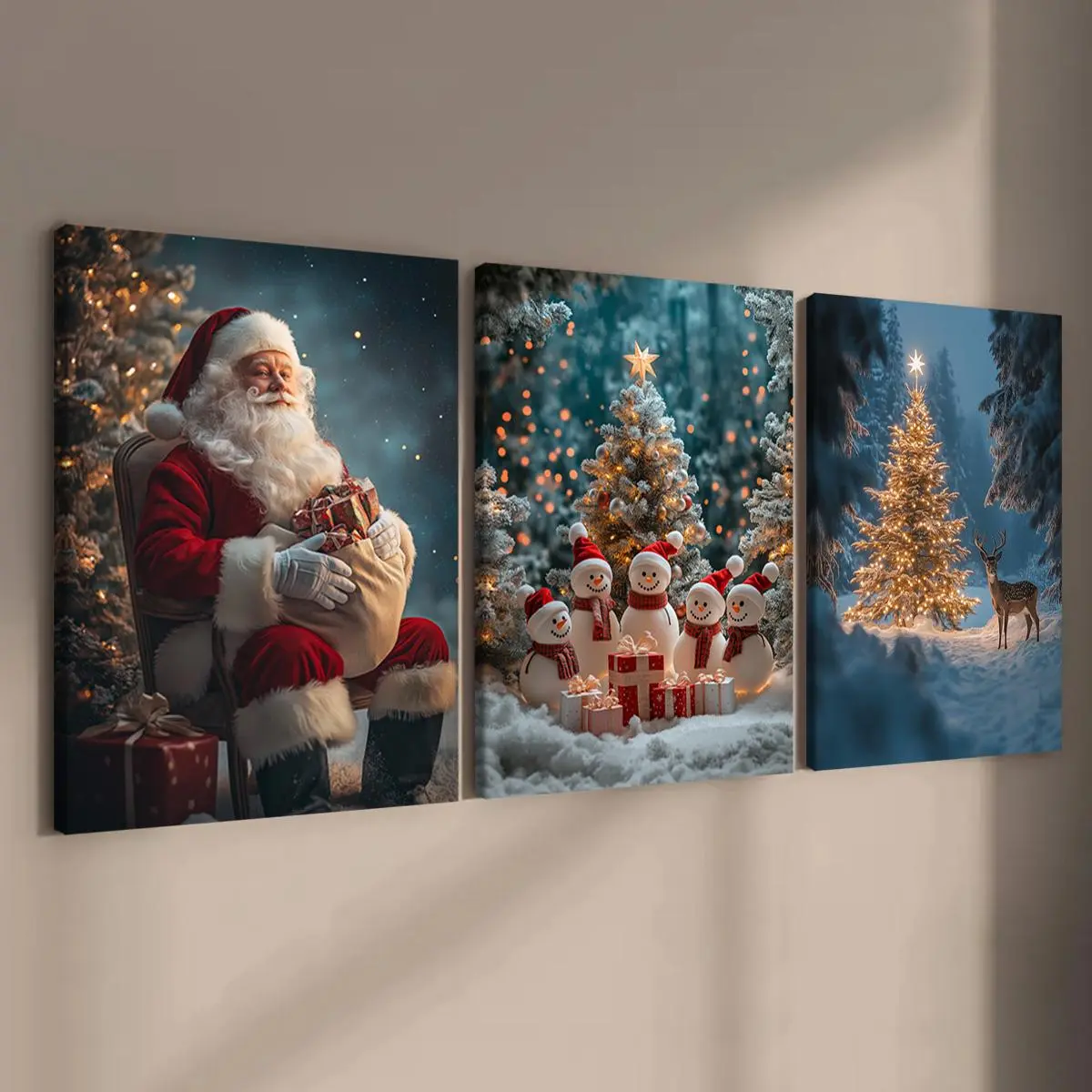 Christmas Wooden Framed Canvas Painting Print, 3 Counts/set Winter Christmas Snow Scene Wall Art, Waterproof Wall Decor for Home Living Room Bedroom Office