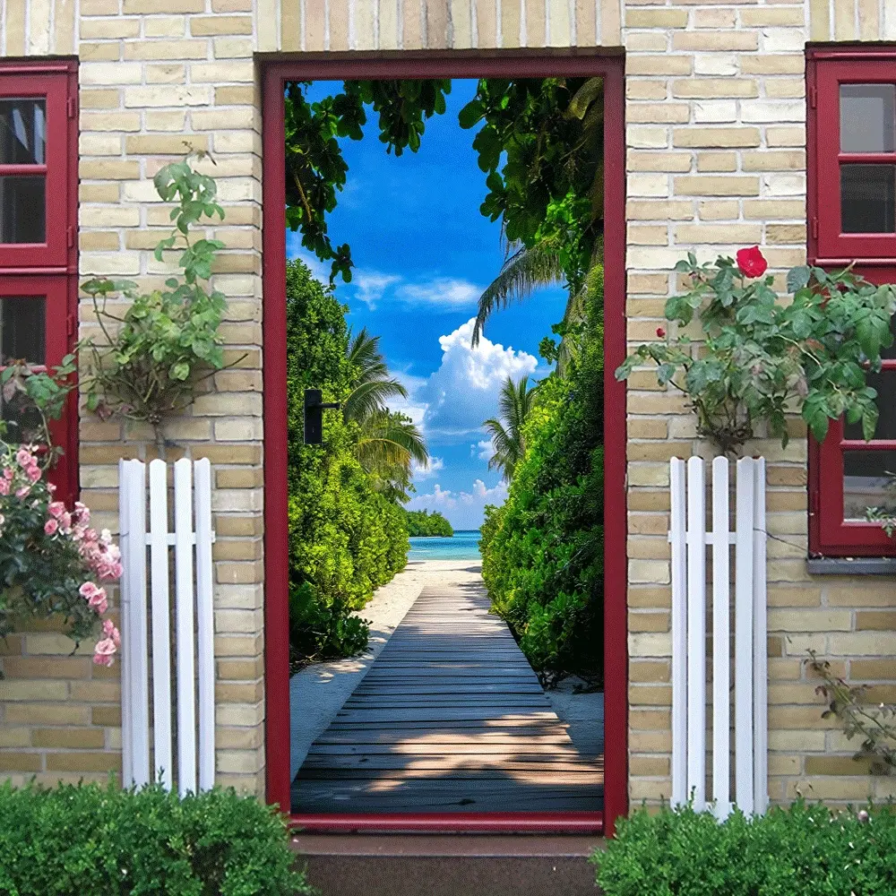 2pcs   Tropical Wooden Boardwalk Beach Wall Sticker Natural Scenery Living Room Entrance Decoration Sticker Southeast Asian Style Bedroom Background Wall Sticker Removable Self Adhesive Waterproof Home