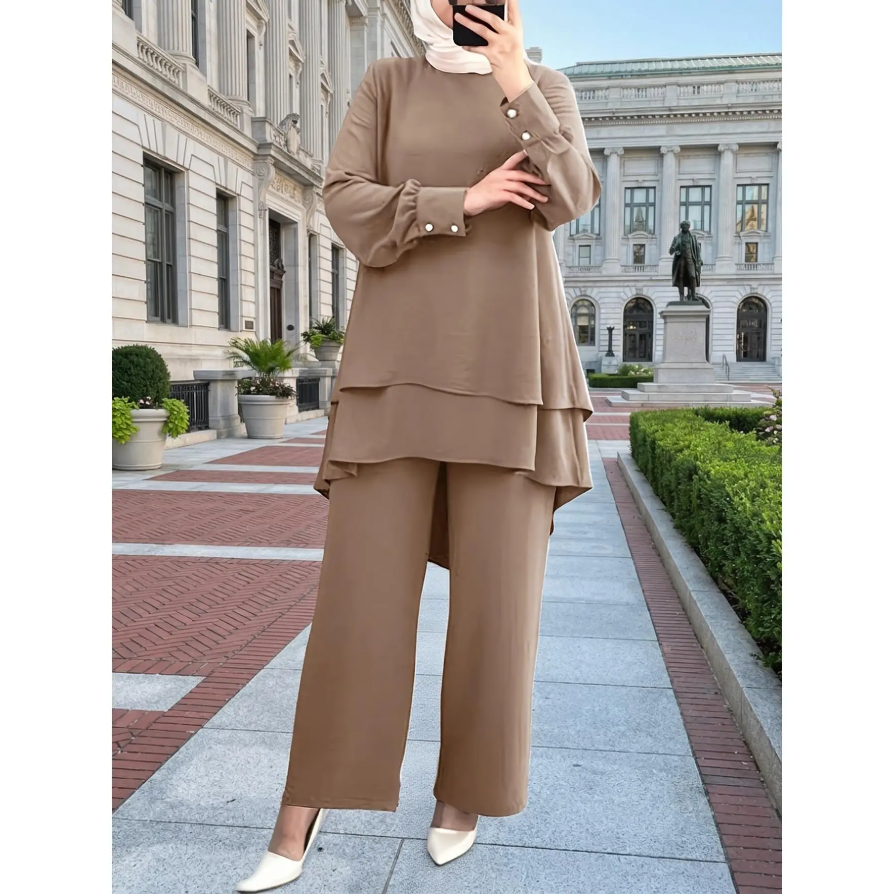 Women's Islamic 2-Piece Matching Outfit Set, Modest Double-Layered Solid Color Top, Loose Wide-Leg Pants, Casual Clothing Sets for Muslim Women, Loose Pants, Polyester Clothes, Elegant Look