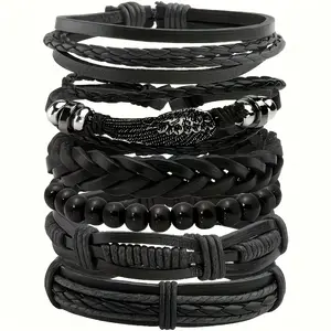 6-Pack Punk Braided Bracelets Vegan Leather Adjustable Unisex Set for Daily & Party Style