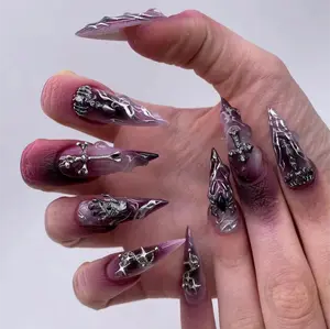 Younique Nails 2025 New Halloween Press-On Nails Machine-Made 24pcs Spooky Pumpkin Ghost Bat Design Bloody Gothic Skull Cross Long Coffin & Almond Shape Reusable Eco-Friendly ABS Material Glossy Finish Complete Nail Kit