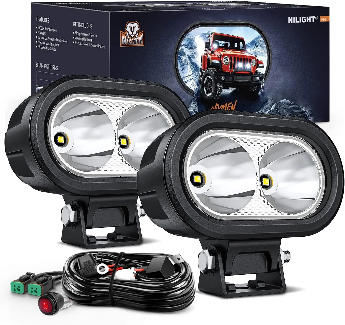 Nilight 2PCS 4Inch Motorcycle LED Pods - 2100LM Built-in EMC Front Lights, 10° Super Spotlights, Offroad Truck Lights, Plug-and-Play 16AWG DT Wiring Harness, Motorcycle Parts for Jeeps, Mowers, ATVs, Led Front Lights