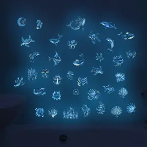 2pcs Marine Life Luminous Decorative Wall Stickers, including whale, dolphin, sea turtle and other marine elements. Self-adhesive and removable, made of PVC material. Luminous decals for home ambiance, Glow In Dark, Living Room, Bedroom
