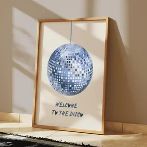 Welcome To The Disco Poster No Framed, Disco Ball Posters, Aesthetic Wall Art, Trendy Blue Prints, Girly Print, Apertment Wall Decor Retro