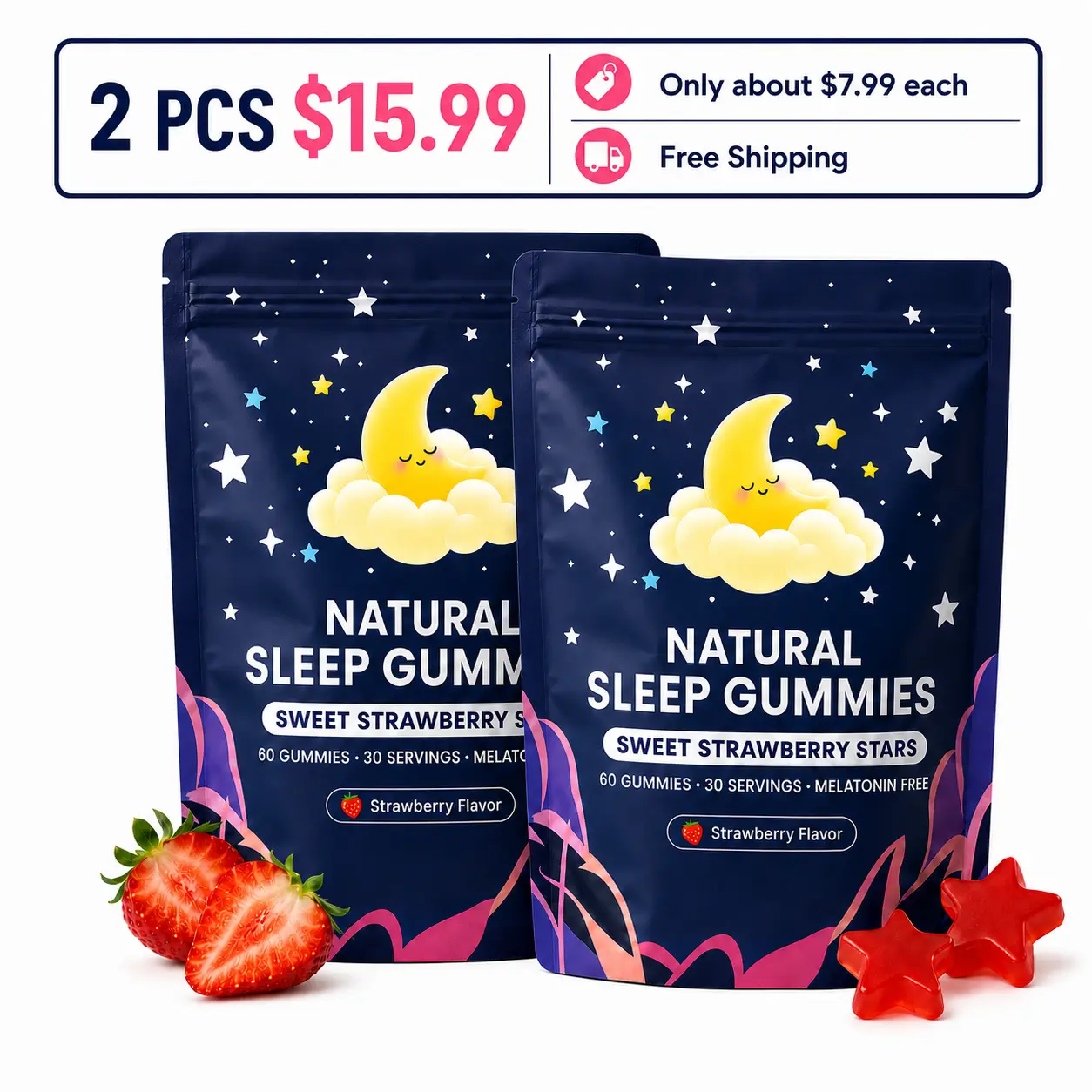 2 Pack of Natural Sleep Gummies - 120 Servings -Sweet Strawberry Stars (Melatonin Free)
